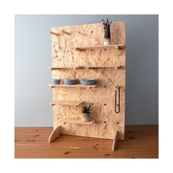Tabletop OSB Pegboard, Square in shape, Freestanding with Feet, Shelving, Pegs