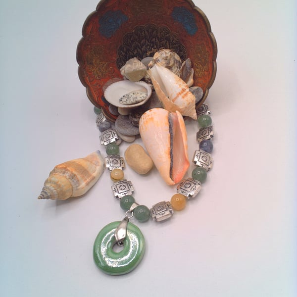 Green Ceramic Donut Pendant on a Mixed Gemstone Beaded Necklace, Gift for Her