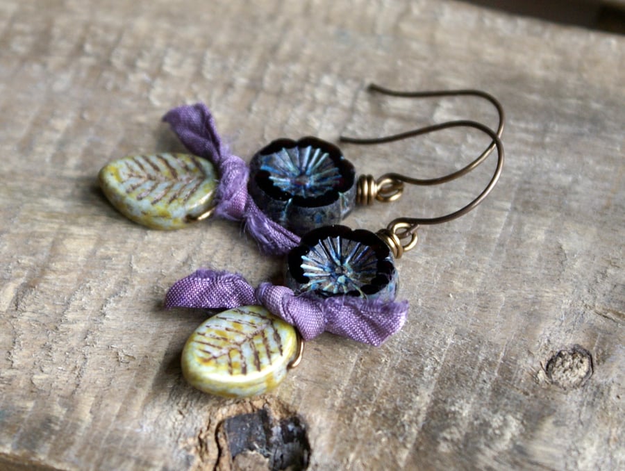 Rustic Lavender and Sage Czech Glass Earrings