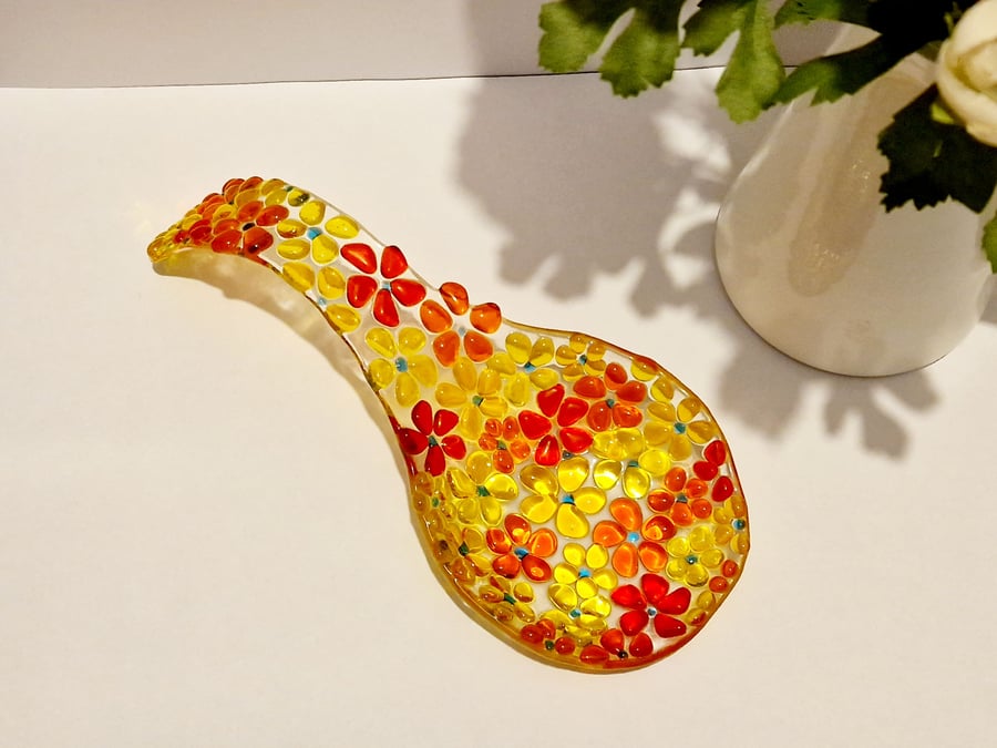 Fused glass yellow and orange ditsy spoon rest