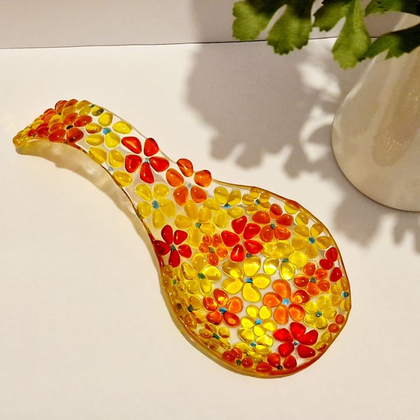 Fused glass yellow and orange ditsy spoon rest