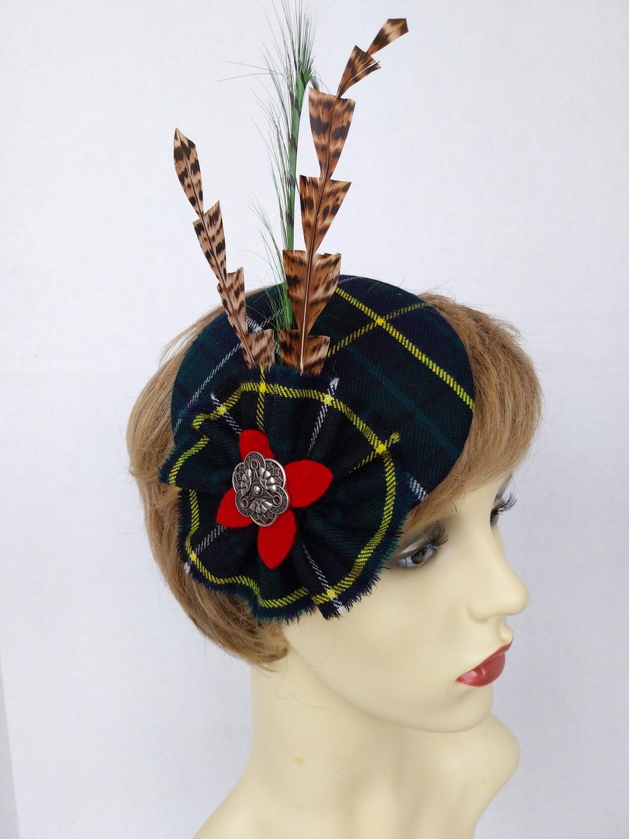 Morag Tartan fascinator Dark green, yellow & black