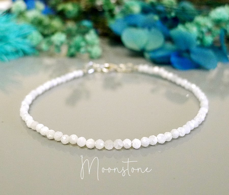 White Moonstone Bracelet. 2mm Faceted Beads. Sterling Silver or Gold Filled