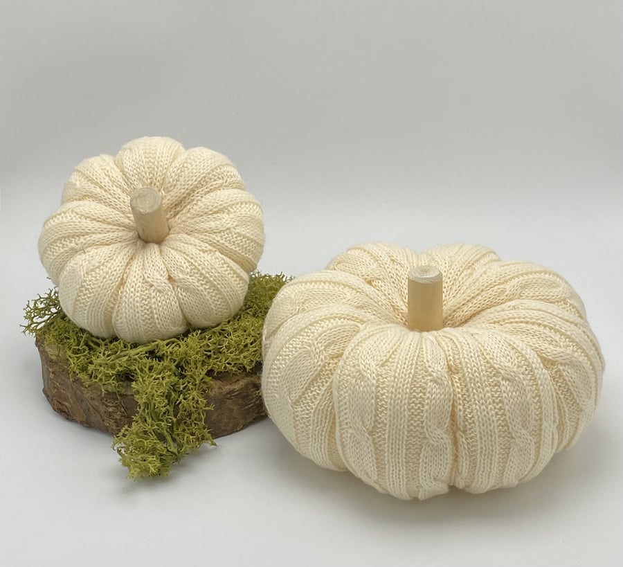 Set of 2 Cream Cable Knit Decorative Fabric Pumpkin Autumn Fall Halloween Decor