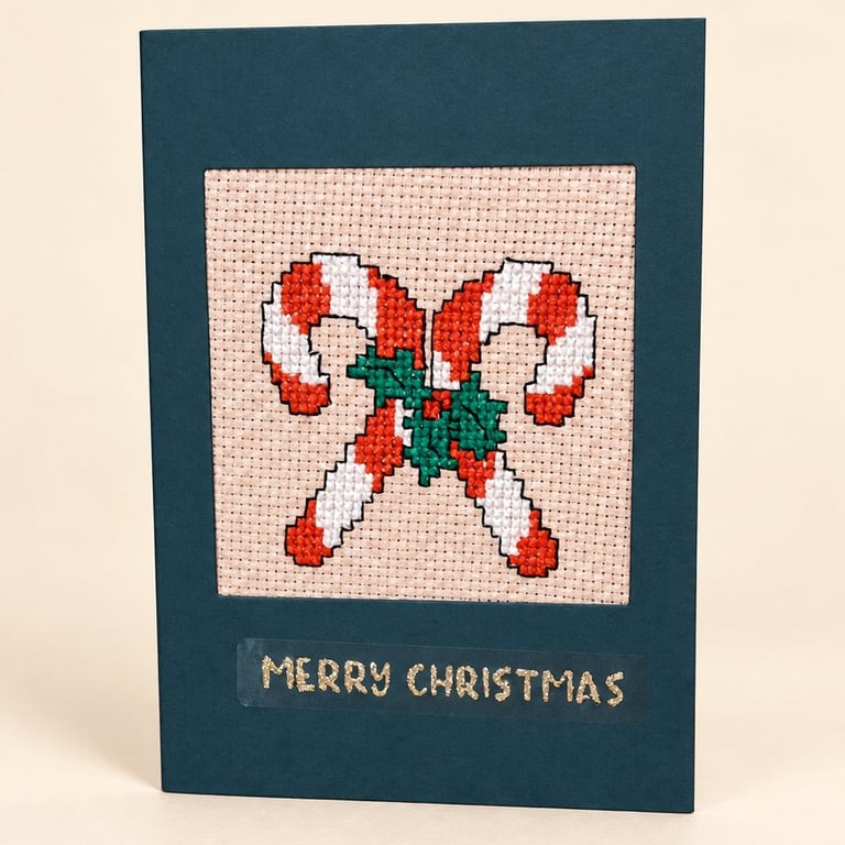 Handmade Cross Stitch Candy Cane Christmas Card – 6 x 4 Inch