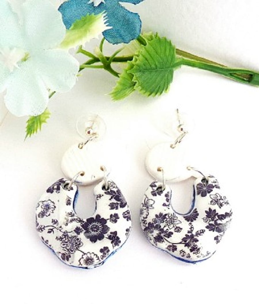 Large Navy Blue and White Floral Earrings