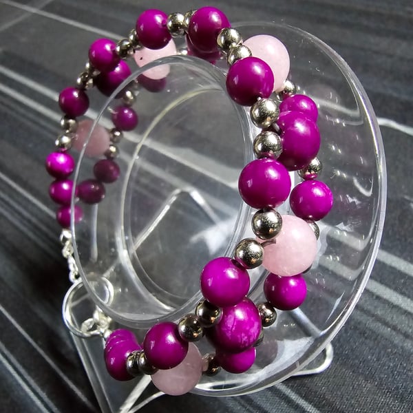Women's Beaded Band Bracelet - Pink, Purple and Silver Bracelet 