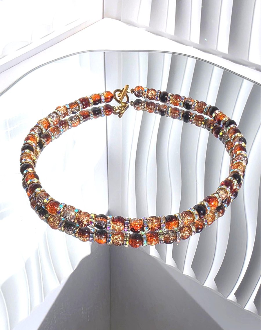 Warm Tones Crackle Glass Beaded Necklace Iridescent Sparkle Statement Choker