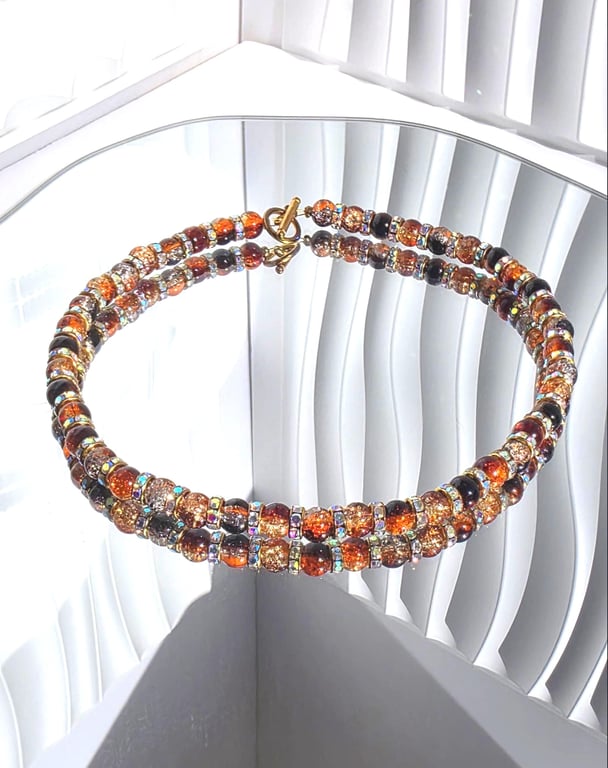 Warm Tones Crackle Glass Beaded Necklace Iridescent Sparkle Statement Choker