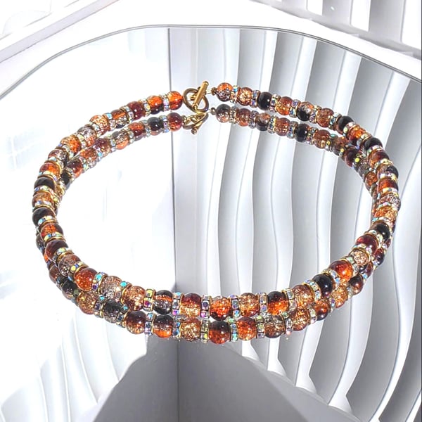 Warm Tones Crackle Glass Beaded Necklace Iridescent Sparkle Statement Choker