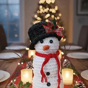 Handmade Crocheted Snowman Sculpture: Weighted Rustic Winter Mantle Décor