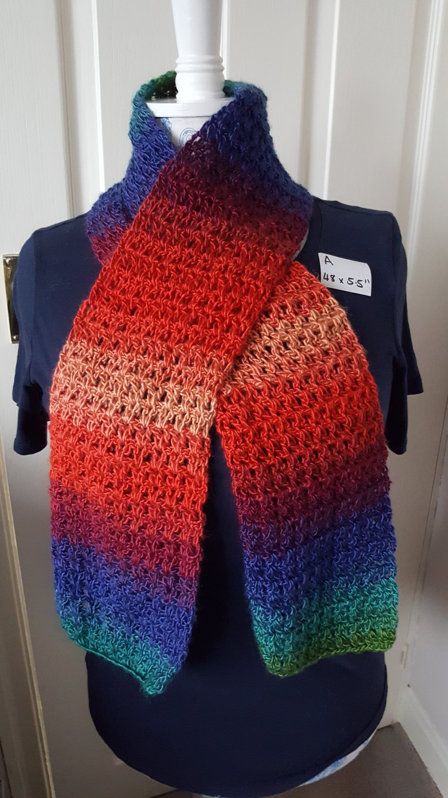 rainbow lightweight lacy crocheted scarf, 48 x 5 inches