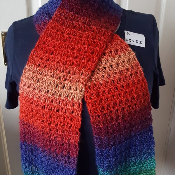 rainbow lightweight lacy crocheted scarf, 48 x 5 inches