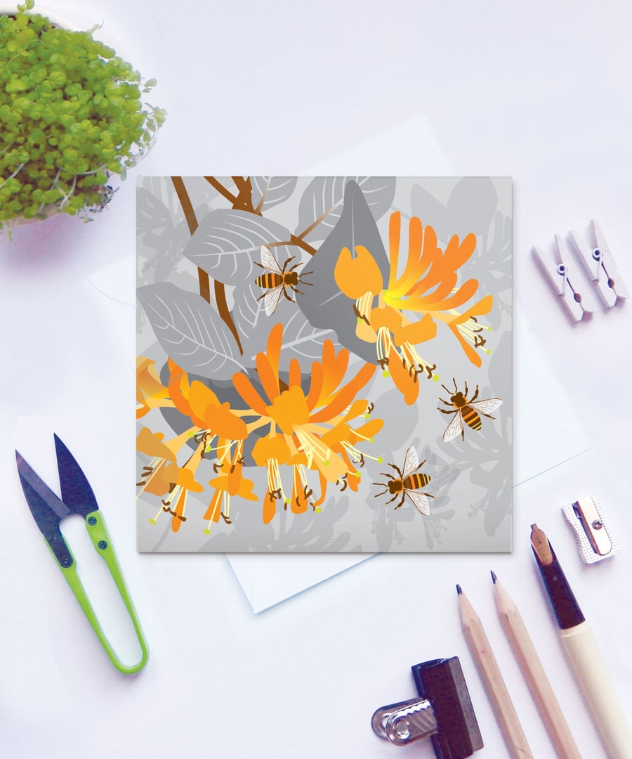 Bees with Honeysuckle Card - birthday, floral, summer
