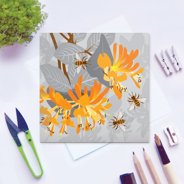 Bees with Honeysuckle Card - birthday, floral, summer