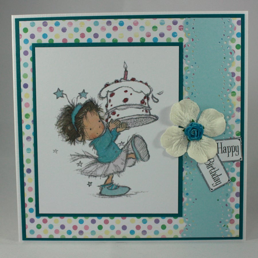 Handmade birthday card - little girl with cake