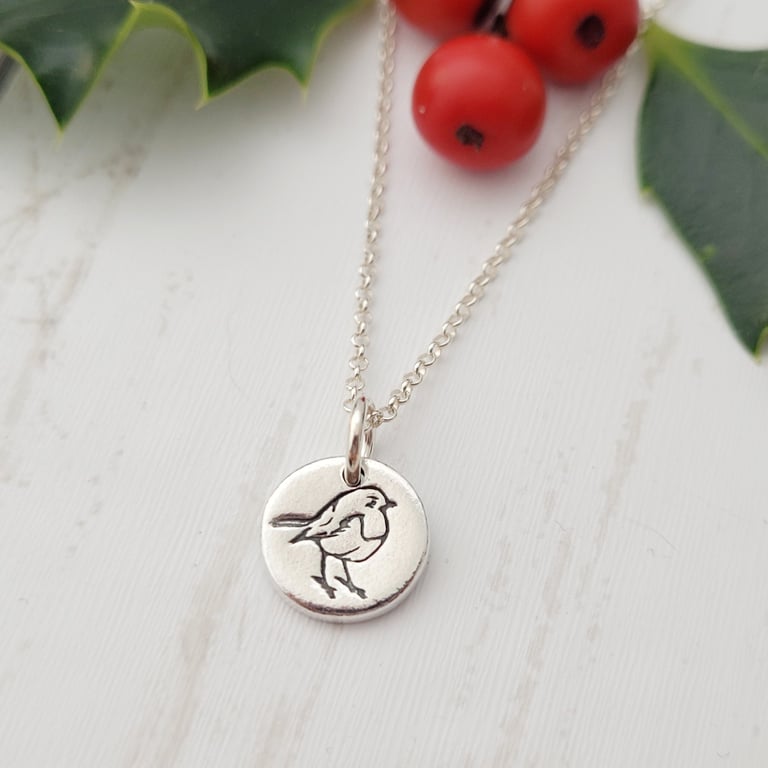 Christmas Robin Red Breast Bird Necklace Sterling Silver