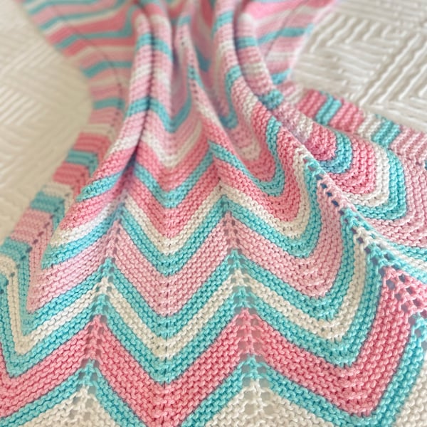 Pink, white and turquoise, hand knitted baby blanket.
