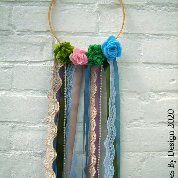 Felt Succulent and Flower Ribbon Wooden Hoop Hanging