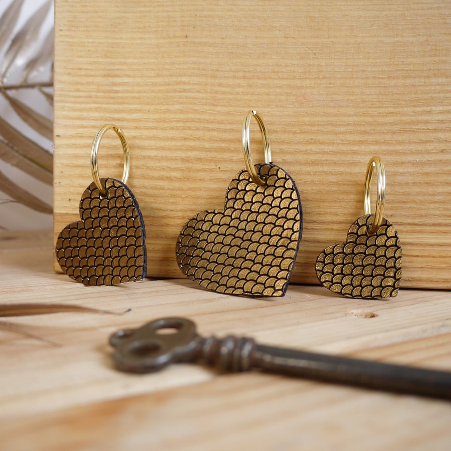 Leather Mini Heart Keyring, Gold Dragon Scale Heart Keyring. Mermaid Metallic