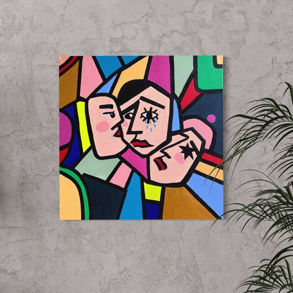 Abstract, multicolored acrylic painting, cubism, modern art