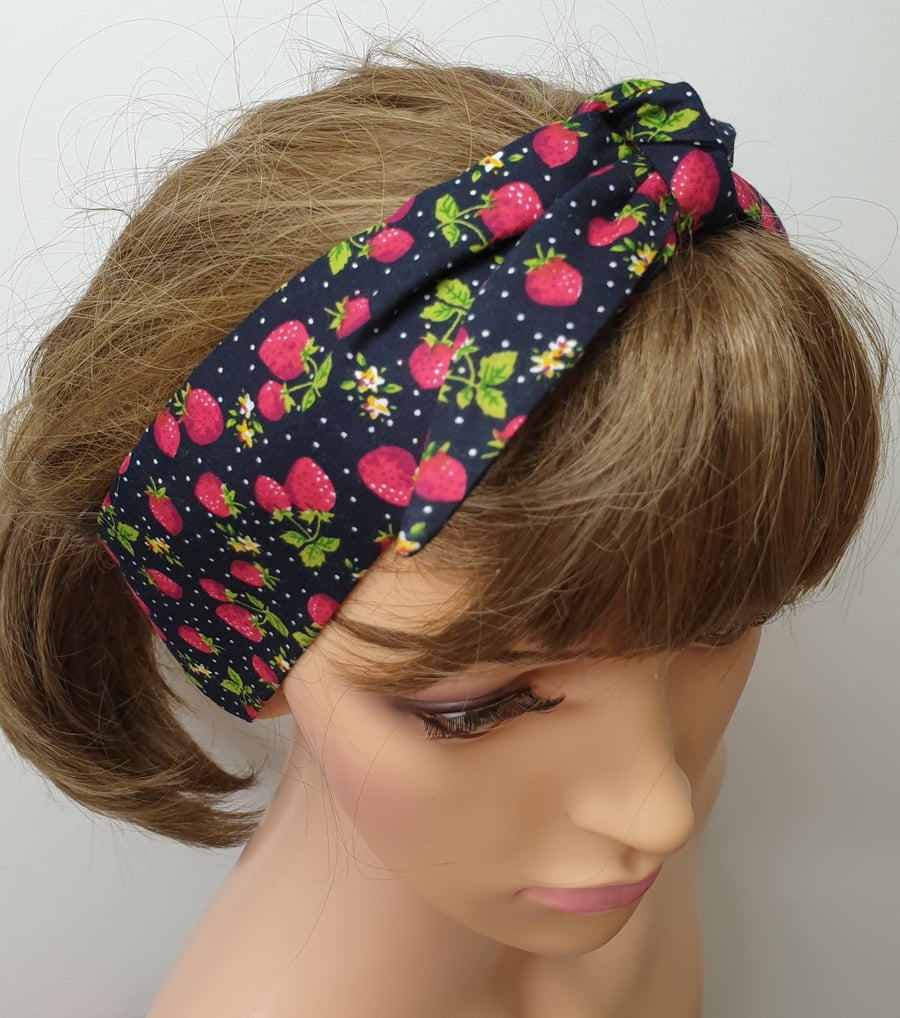 Navy strawberry print self tie women headband
