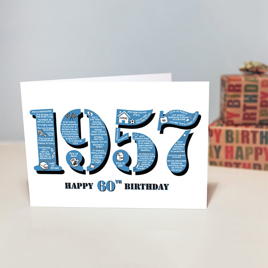 Happy 60th Birthday Mens Male Year of Birth Greetings Card - Born 1957 - Facts