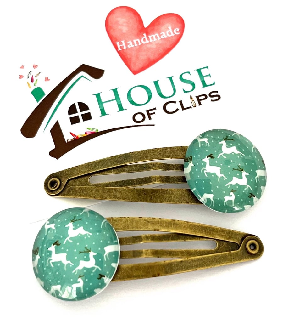 Vintage Christmas Hair Clips x2 - Antique Gold Xmas Hair Slides - Retro Xmas Bar