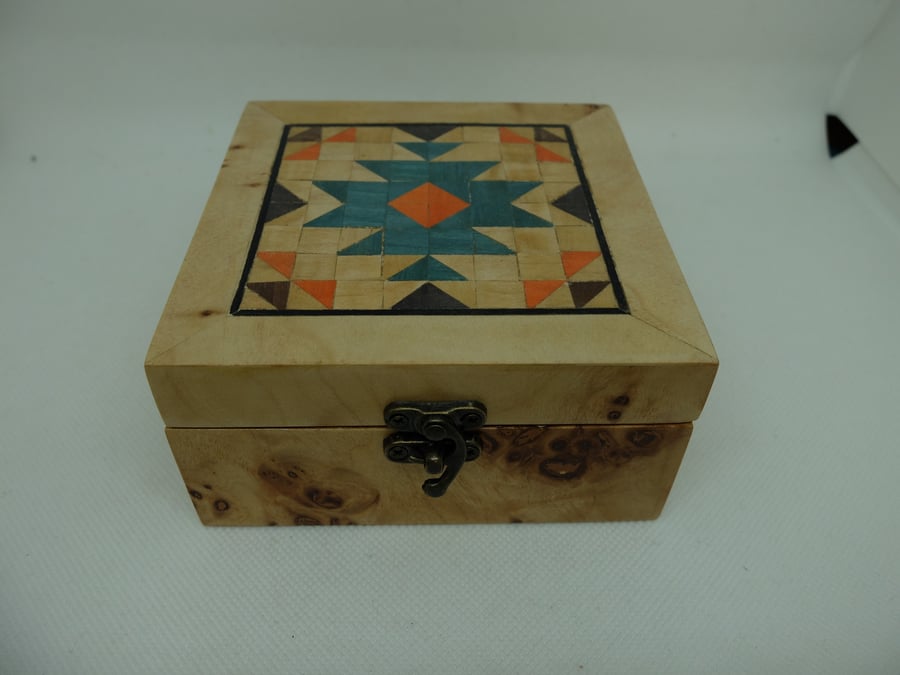 Navajo-inspired hand veneered lidded wooden box in light Burr wood