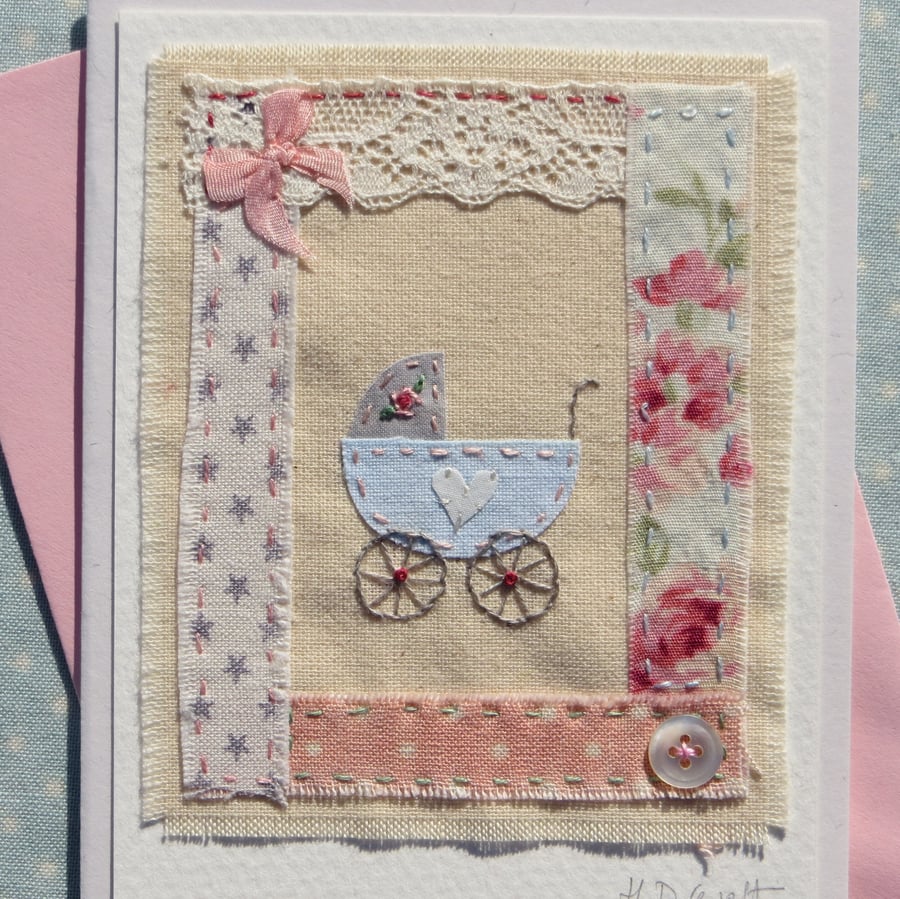 Embroidered card to welcome new baby, silk bow, mop button vintage lace