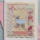Embroidered card to welcome new baby, silk bow, mop button vintage lace