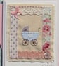 Embroidered card to welcome new baby, silk bow, mop button vintage lace - Image 1