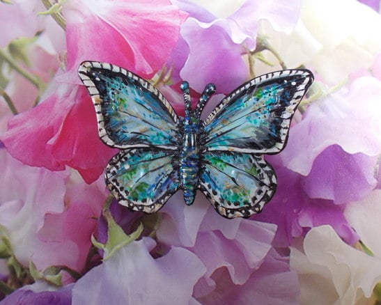 Delicate CHALKHILL BLUE BUTTERFLY BROOCH Wedding Corsage Lapel Pin HAND PAINTED