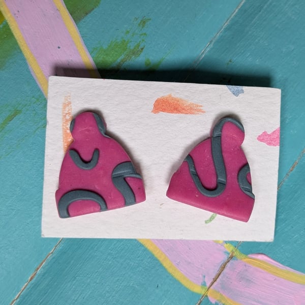 Clip on studs, pink and grey bobble hat polymer clay earrings