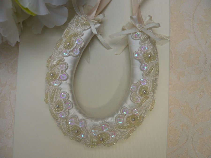 Ivory Cream Horseshoe with Lace and Bead Trim