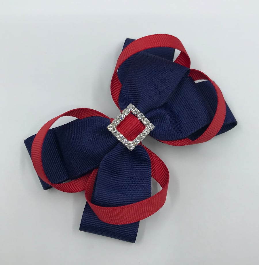 Navy Double Layer Bow with Red Loops on Clip
