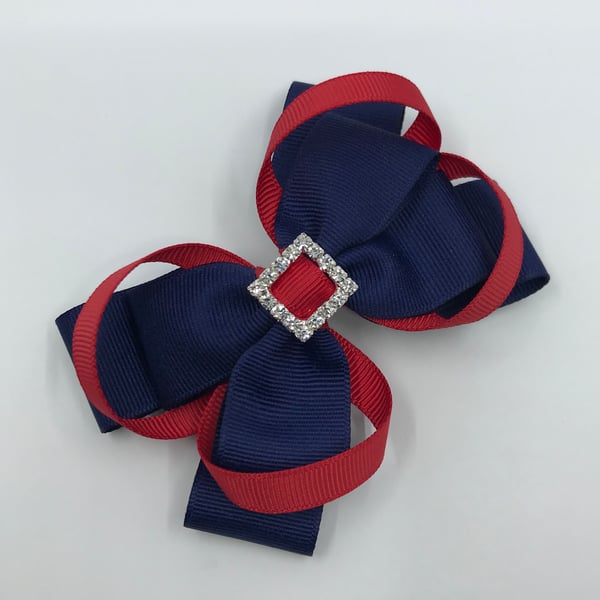 Navy Double Layer Bow with Red Loops on Clip