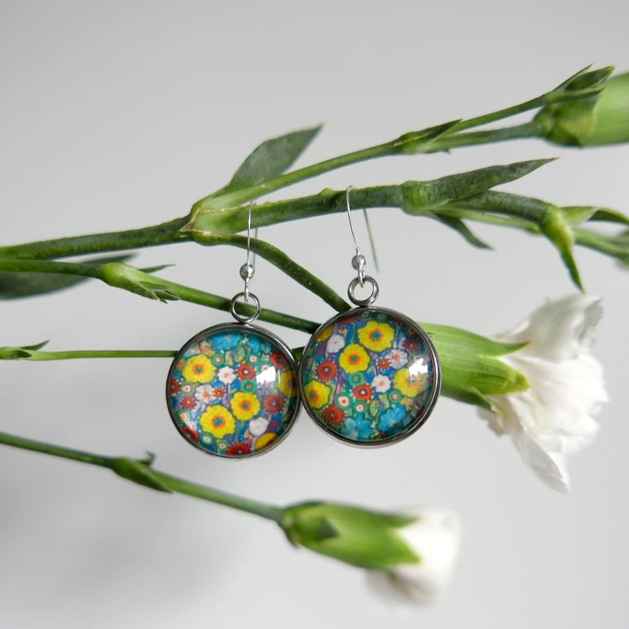 Meadow Dangle Earrings, Yellow and Turquoise Flowers Jewellery, Wild Flowers