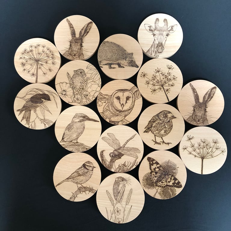 Set of 4 solid beech wood coasters laser engraved with original wildlife artwork
