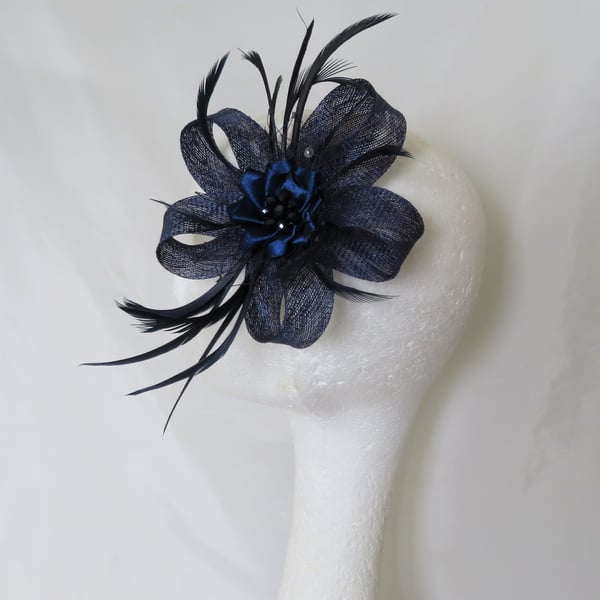 Navy Blue Sinamay Loop Crystal Feather Fascinator Headpiece Clip 