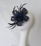 Navy Blue Sinamay Loop Crystal Feather Fascinator Headpiece Clip 