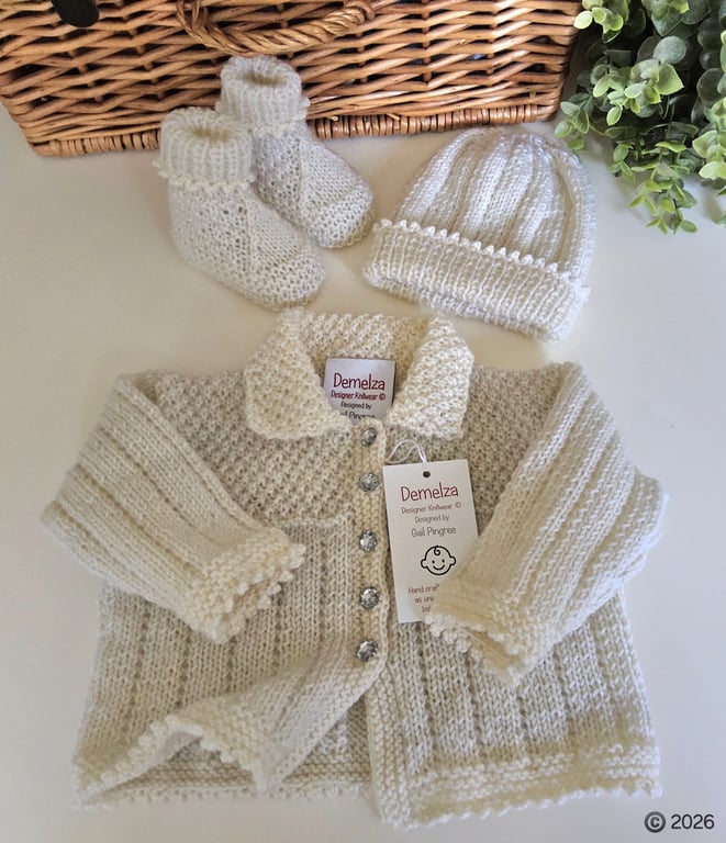 Baby Girl's Merino Wool Jacket, Booties & Hat Set 3-6 Months Hand Knitted
