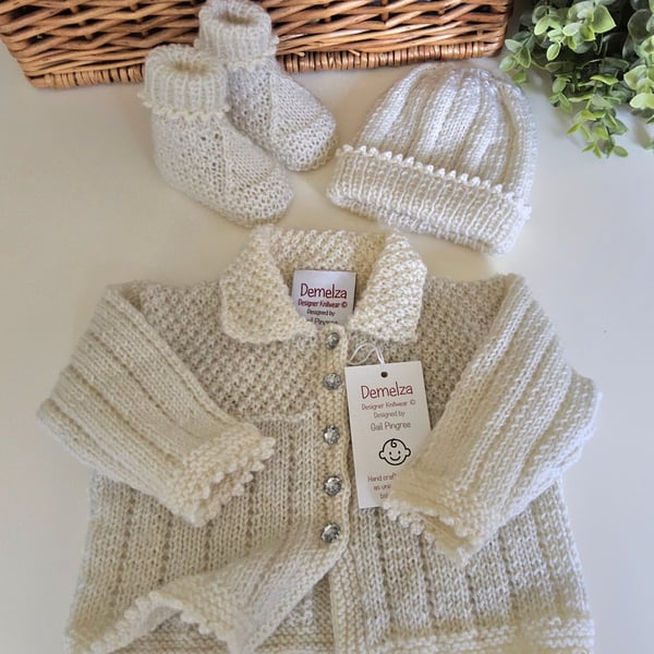 Baby Girl's Merino Wool Jacket, Booties & Hat Set 3-6 Months Hand Knitted