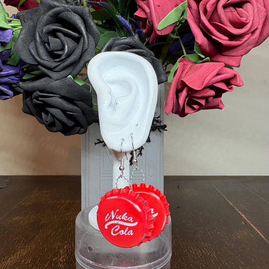 Handmade bottle cap earrings. Fallout Jewellery