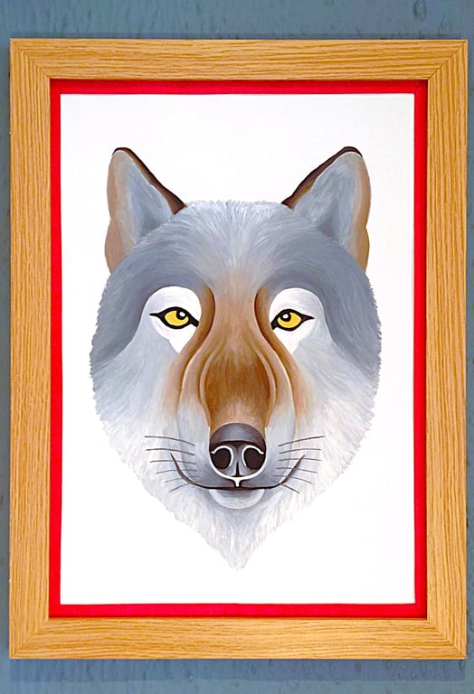 Handmade Unique Framed A3 Print Wolf Portrait Red Border Wallart Gift