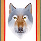 Handmade Unique Framed A3 Print Wolf Portrait Red Border Wallart Gift