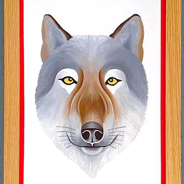 Handmade Unique Framed A3 Print Wolf Portrait Red Border Wallart Gift