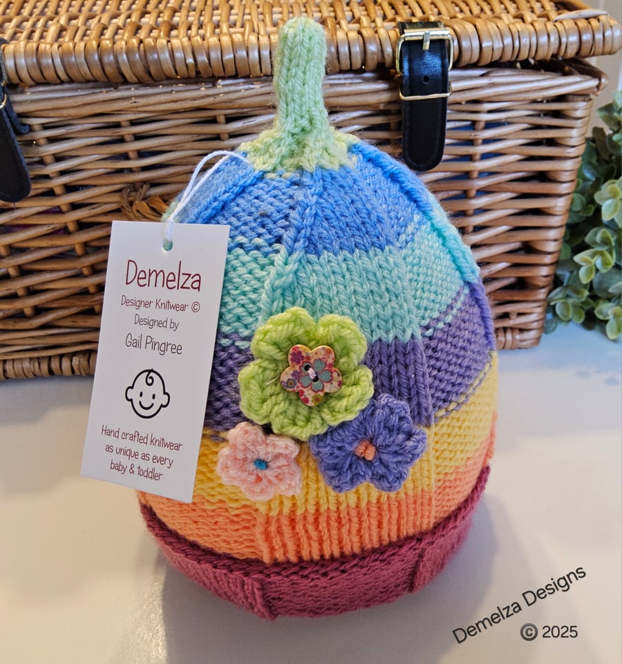Designer Hand Knitted Baby Girl's Rainbow Hat 1 - 2 years