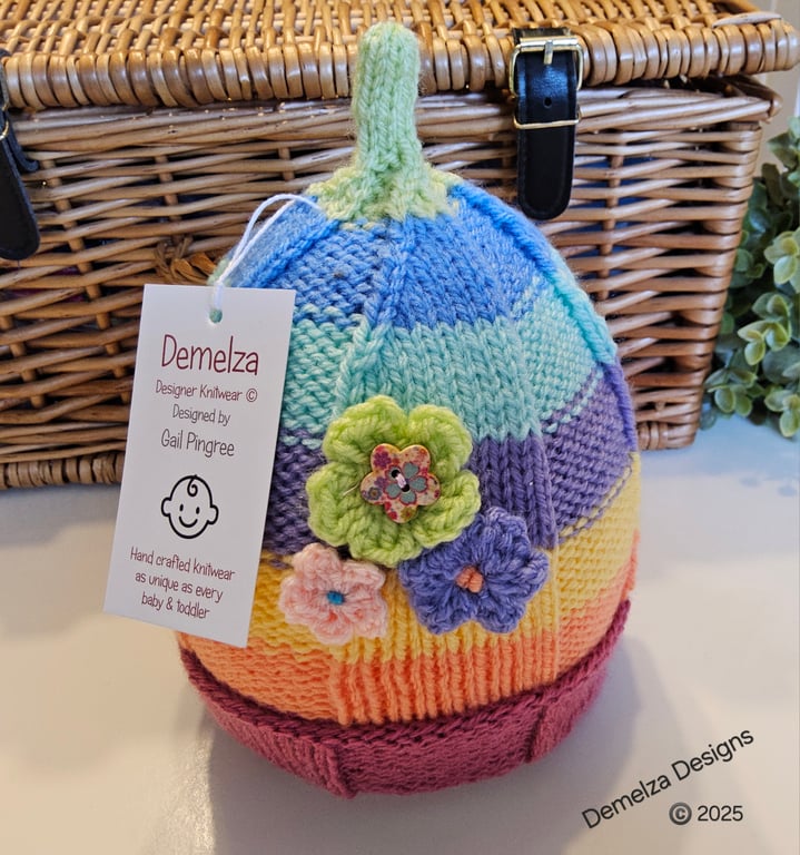 Designer Hand Knitted Baby Girl's Rainbow Hat 1 - 2 years