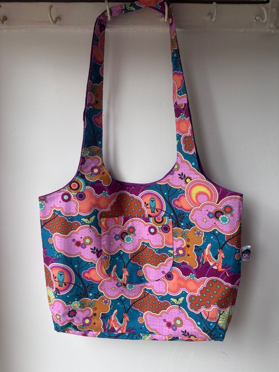 Retro Print Cotton Bag with Purple Lining – Lightweight Shoulder Tote Bag